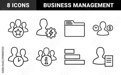 Human resources and business management icon set. Vector glyph pictograms of profile, team, folder, schedule, salary, information, and chart, black silhouette illustration.