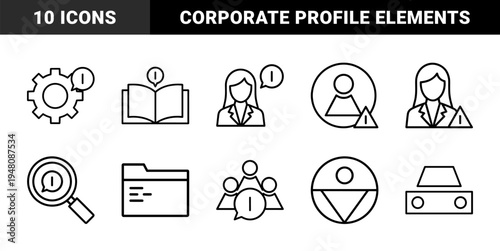 Business and user management line icon set. Vector pictograms of profile, gear, book, magnifying glass, folder, group, and woman, thin outline illustration.