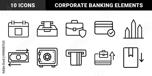 Business and finance icon set. Vector pictograms of calculator, briefcase, chart, shield, lightbulb, handshake and coins, thin outline illustration.