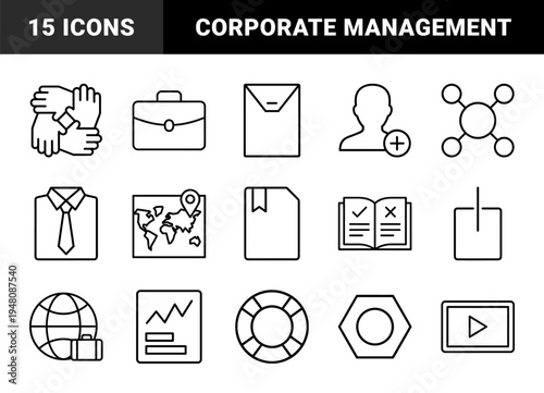 Business management line icon set. Vector pictograms of teamwork, briefcase, world map, analytics, globe, and video player, thin outline illustration.