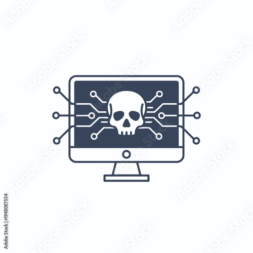 Minimalist Computer Monitor Icon with Skull Representing Cybersecurity Threats