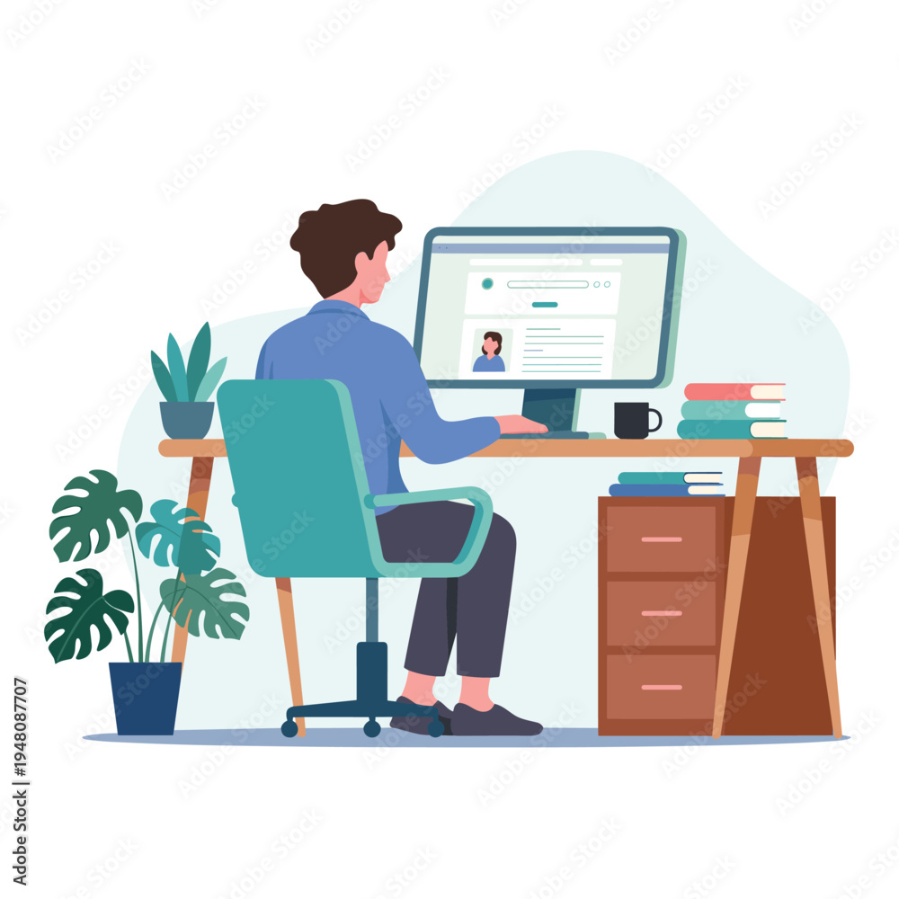 Fototapeta premium Man Working at Computer in Modern Home Office Workspace. Remote Worker Sitting at Desk Using Desktop Computer.