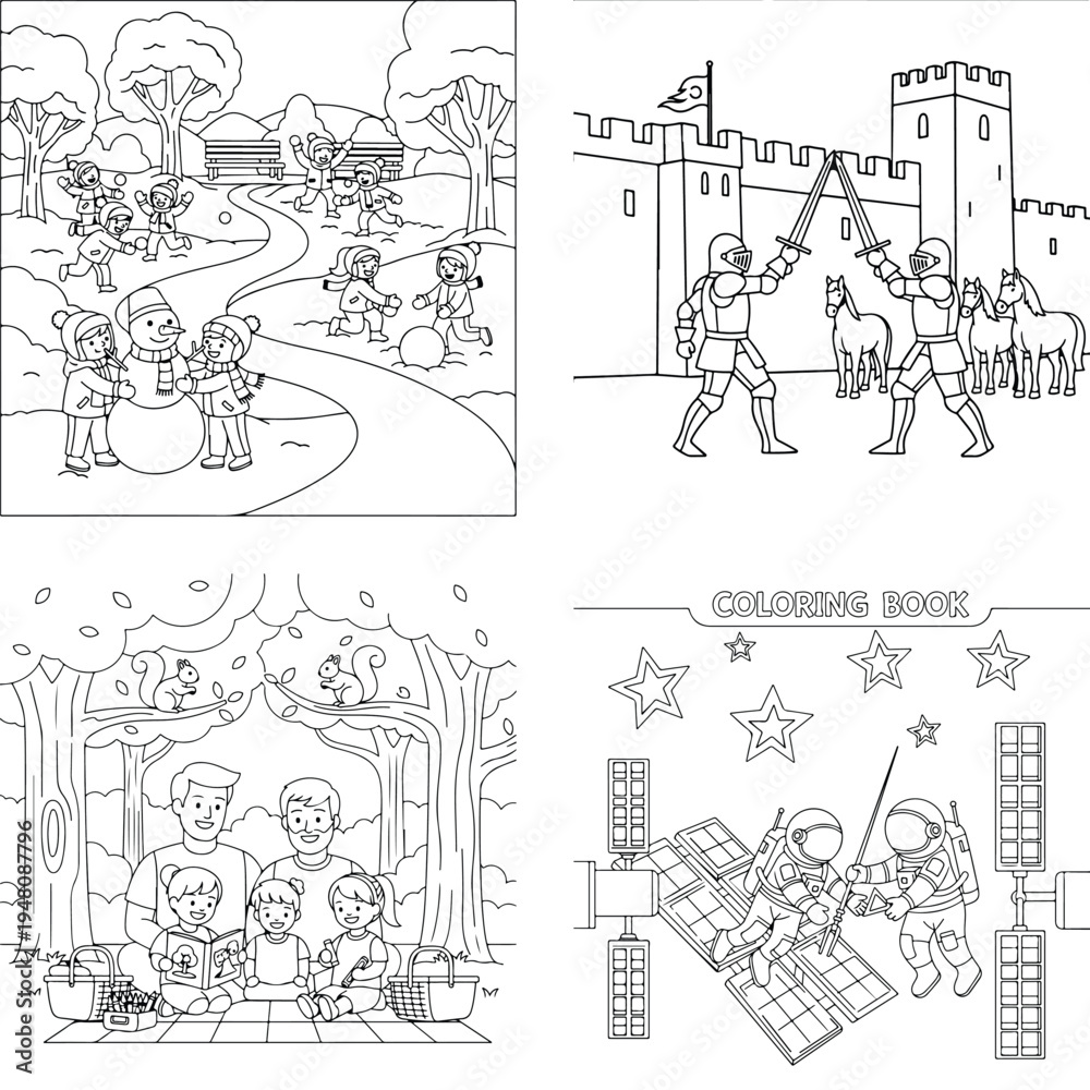 Obraz premium Diverse kids coloring pages set: winter fun, medieval knights, family reading, space adventure