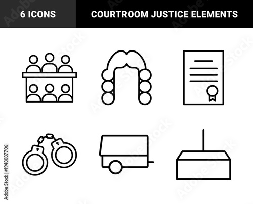 Legal and justice system line icon set. Vector pictograms of jury, judge wig, document, handcuffs, witness box, trailer, and quill, thin outline illustration.
