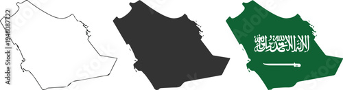 Map of Saudi Arabia vector set featuring minimalist outline black silhouette and green national flag fill isolated on white.