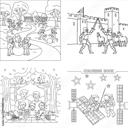 Diverse kids coloring pages set: winter fun, medieval knights, family reading, space adventure