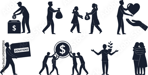 Charity giving silhouettes set, donation support teamwork icons, compassion kindness environmental care artwork, community help symbols, flat vector illustration, cad drawing style design