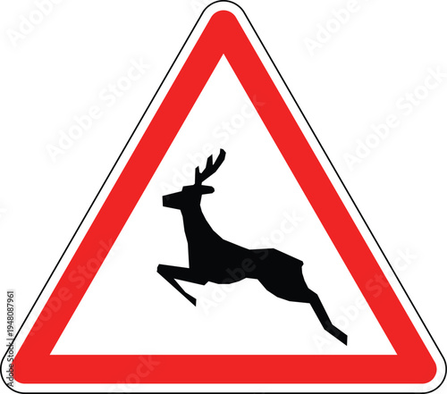 Wild Animal Crossing Warning Road Sign, European Red Triangle Traffic Symbol for Deer and Wildlife Hazard, Editable Vector