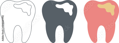 Minimalist dental tooth icon set showing line art, gray and coral variations with cavity spot on white background