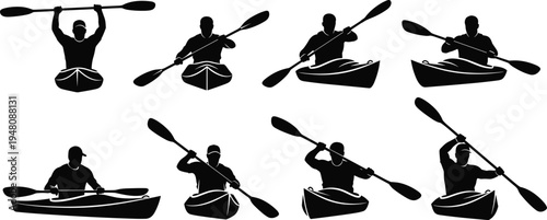 Kayaking silhouettes set, athletes paddling in motion, water sport activity poses, outdoor adventure artwork, flat vector illustration, cad drawing style design