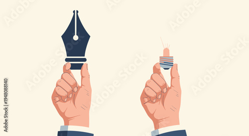 Creative Hand Holding Fountain Pen Nib and Hand Holding Lightbulb on Isolated Off-White Background, Idea and Writing Concept