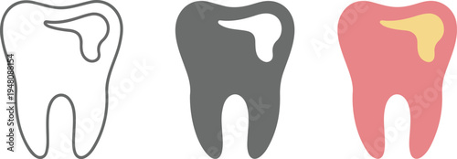 Minimalist dental tooth icon set showing line art, gray and coral variations with cavity spot on white background