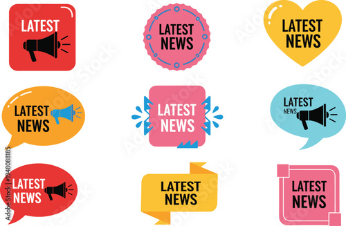 Latest news icons set, colorful megaphone badge designs, announcement update symbols, media communication artwork, flat vector illustration, cad drawing style graphic