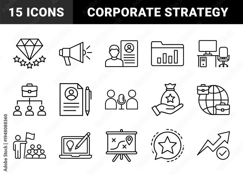 Fototapeta premium Business and career development line icon set. Vector pictograms of megaphone, profile, diamond, document, office desk, globe, interview, and growth, thin outline illustration.