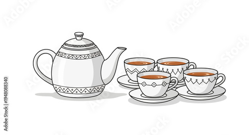 Classic Teapot and Three Small Teacups with Saucers Vector Illustration on White Background
