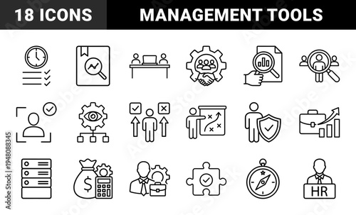 Business management line icon set. Vector pictograms of hr recruitment, strategy planning, data analysis, financial growth, and leadership, thin outline illustration.