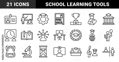Education line icon set featuring vector pictograms of a graduation cap, telescope, book, trophy, backpack, and classroom teacher, thin outline illustration.