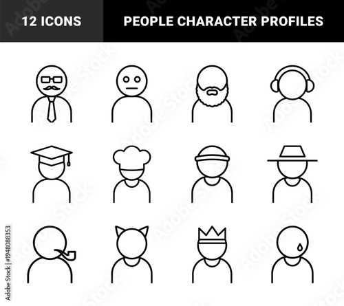 People avatar line icon set. Vector pictograms of professional, student, chef, king, graduate, bearded man, and listener, thin outline illustration.