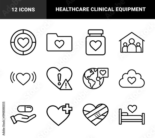 Hospital and healthcare icon set. Vector pictograms of stethoscope, microscope, ambulance, dna, medicine bottle, heart rate, and surgical tools, thin outline illustration.