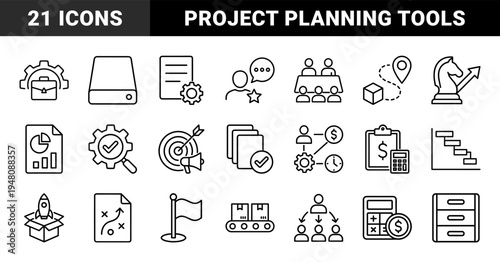 Business and project management line icon set. Vector pictograms of strategy, planning, finance, logistics, and teamwork, black thin outline illustration.