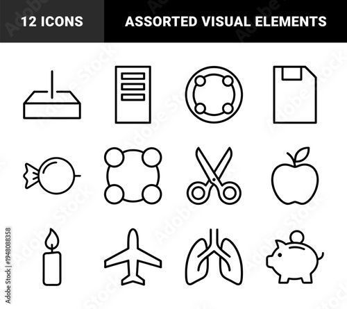 Miscellaneous line icon set. Vector pictograms of diskette, networking, fruit, scissors, lungs, airplane, piggy bank, candle and computer mouse, thin outline illustration.