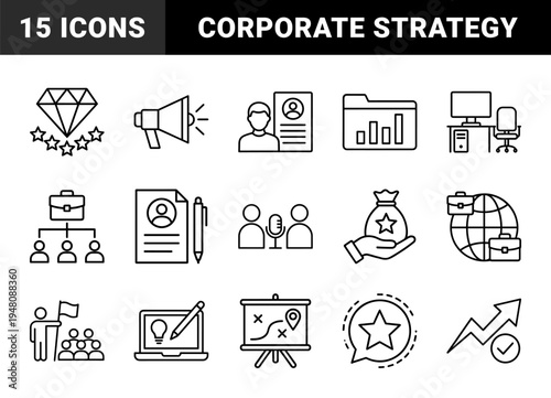 Business and career development line icon set. Vector pictograms of megaphone, profile, diamond, document, office desk, globe, interview, and growth, thin outline illustration.