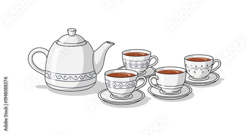 Traditional Tea Serving Set with Teapot and Teacups on Saucers