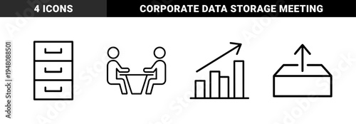 Business and office management icon set. Vector pictograms of filing cabinet, meeting, growth chart, and outgoing box, thin outline illustration.
