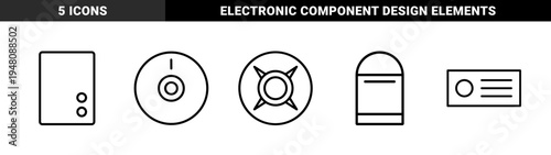 Electronic hardware line icon set. Vector pictograms of compact disc, hard drive, cooling fan, power supply, and radio, thin outline illustration.