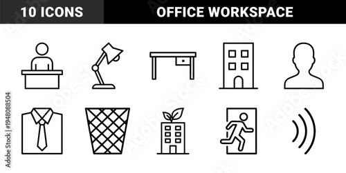 Business and office line icon set. Vector pictograms of desk, lamp, building, trash, shirt, person, exit sign, and signal, thin outline illustration.