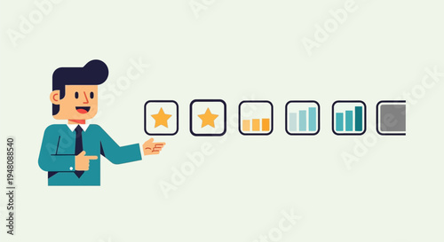 Man presenting rating options with icons.