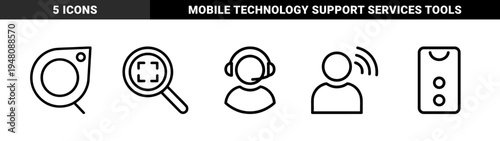 Communication and technology line icon set. Vector pictograms of magnifying glass, lens, headset, smartphone, and voice recognition, thin outline illustration.