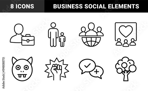 Social and business line icon set. Vector pictograms of global team, career, family, community, fist, monster, chat, and tree, thin outline illustration.