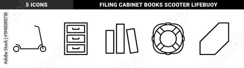 Miscellaneous line icon set. Vector pictograms of a filing cabinet, books, electric kick scooter, geometric folder, and lifebuoy, thin outline illustration.
