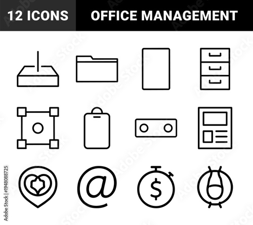 Business and office management icon set. Vector pictograms of drawer, folder, inbox, clipboard, timer, heart, shield, and envelope, thin outline illustration.