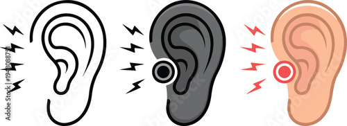 Human ear vector set showing earache symptoms and tinnitus with lightning bolts and pain icons on white.