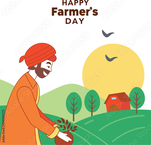 Colorful Digital Art of Indian Farmer in Traditional Attire with Pastoral Landscape.