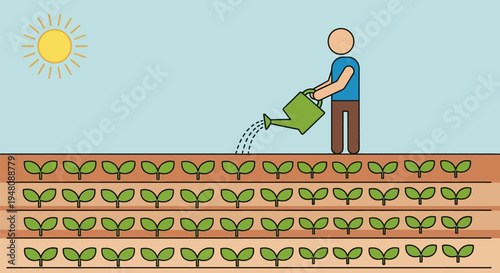 Man Watering Plants in Garden Rows.