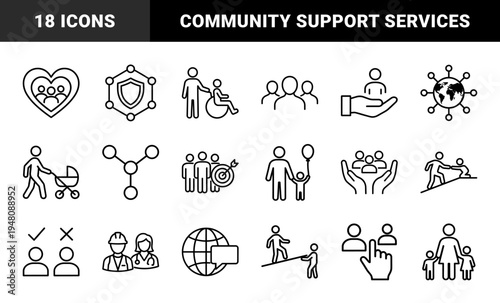 Social services and community care line icon set. Vector pictograms of family, disability, healthcare, global support, and protection, thin outline illustration.