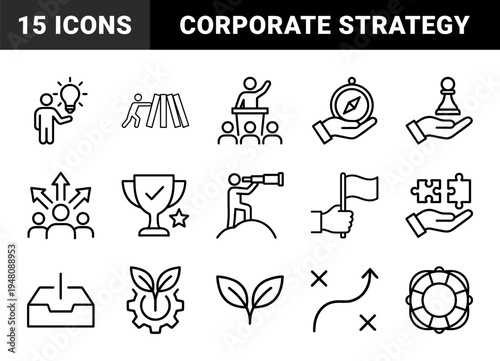 Business strategy and leadership icon set. Vector pictograms of lightbulb, compass, podium, dominoes, trophy, flag, and telescope, black thin line illustration.