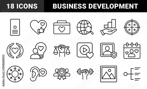 Business and personal growth line icon set. Vector pictograms of heart, globe, briefcase, graph, lightbulb, target, video, scales, and calendar, thin outline illustration.