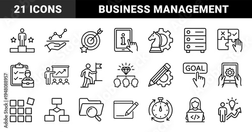 Business management line icon set. Vector pictograms of target, strategy, planning, analysis, teamwork, and goal achievement, black outline illustration.