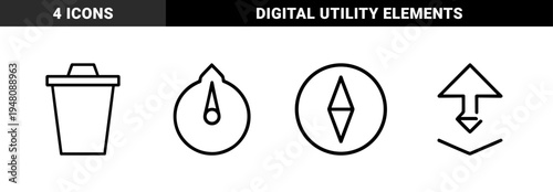 Interface navigation and utility line icon set. Vector pictograms of trash bin, gauge, vertical scroll, and compass, thin outline illustration.