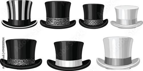 Elegant top hat collection, formal fashion accessory, vintage style, classic headwear, black and white design, decorative bands, stylish illustration art
