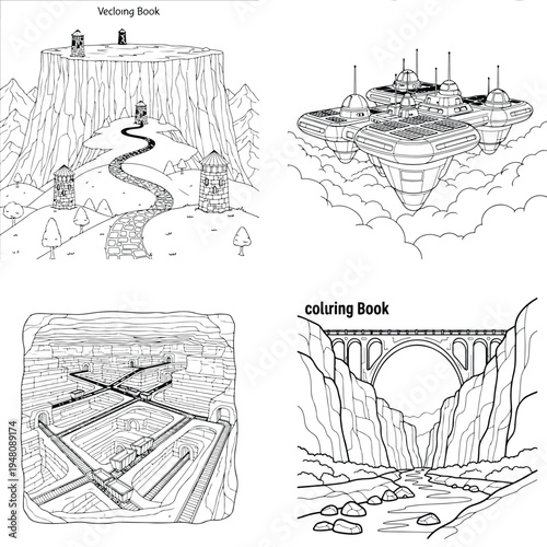 Architectural landscapes line art collection: mountain fortress, floating city, ancient ruins, arch brid