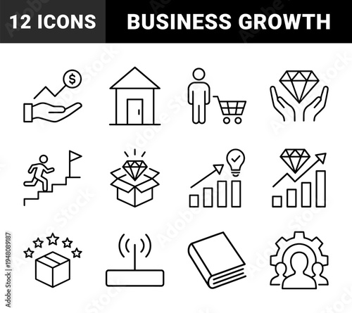 Business and growth line icon set. Vector pictograms of charts, diamonds, houses, shoppers, stairs, boxes, gears, and books, thin outline illustration.