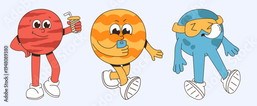 Cute Cartoon Planets with Human-like Features Set