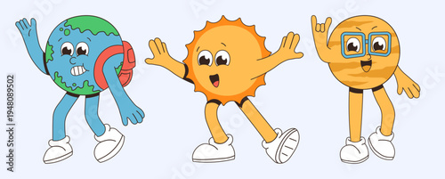 Cute Cartoon Planets and Sun Characters