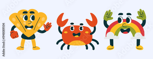 Retro Cartoon Characters: Seashell, Crab, and Rainbow