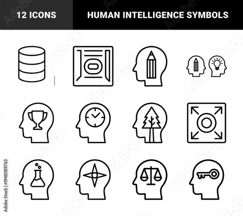 Mental capacity and education line icon set. Vector pictograms of pencil, database, bulb, trophy, clock, tree, compass, flask, key, scale, music, and mortarboard.